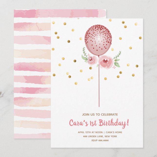 First Birthday Pink and Gold Balloon Invitation (Front/Back)
