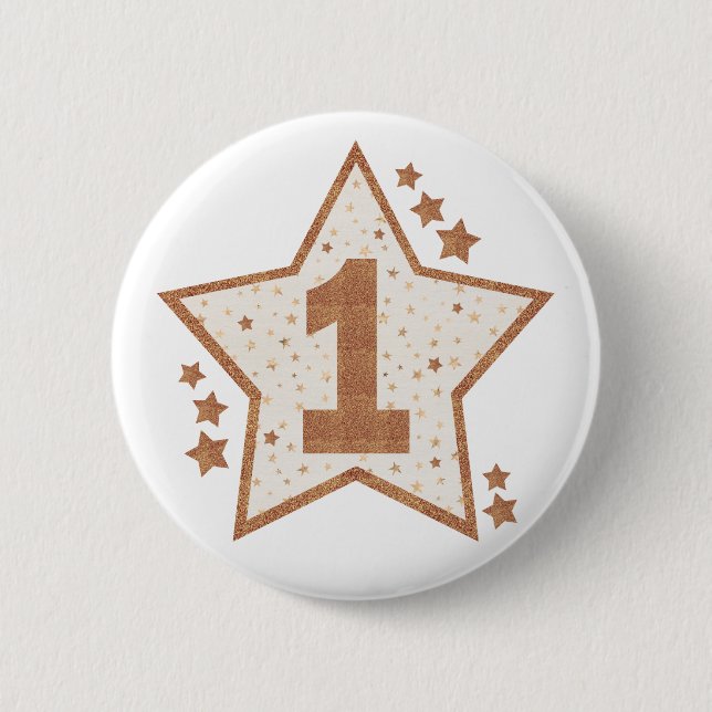 First Birthday Pink and Gold Star 6 Cm Round Badge (Front)