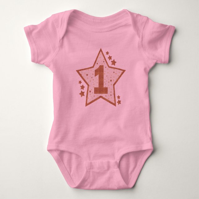First Birthday Pink and Gold Star Baby Bodysuit (Front)