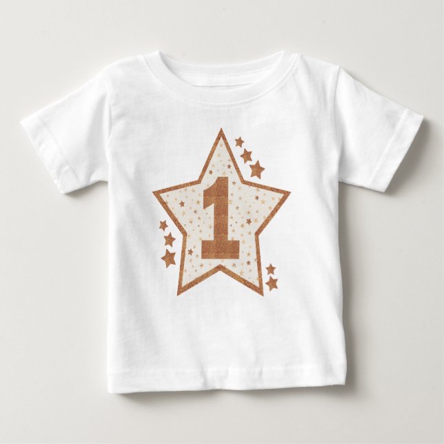 First Birthday Pink and Gold Star Baby T-Shirt (Front)