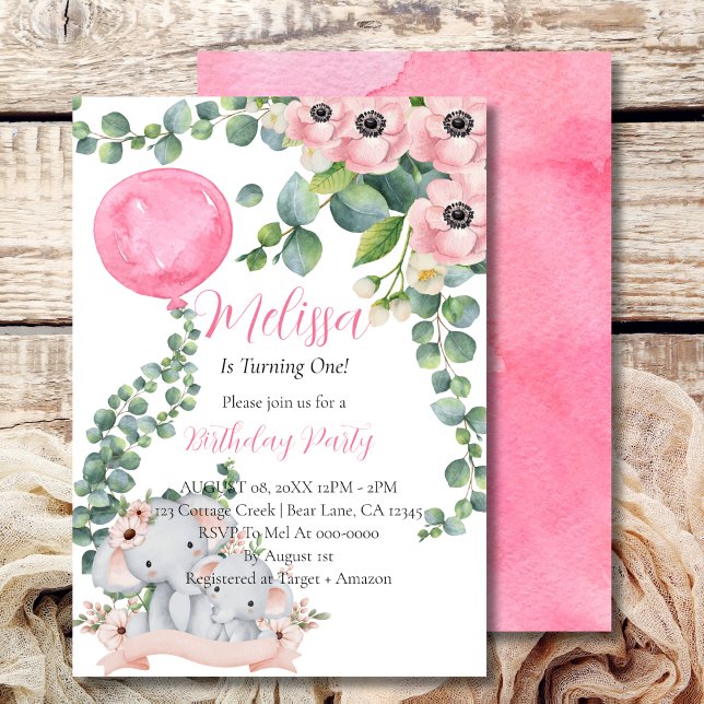 First Birthday Pink Balloon Eucalyptus Elephant Invitation (Creator Uploaded)