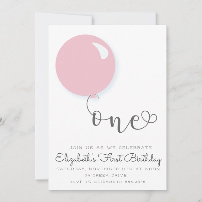 First Birthday Pink Balloon Invitation (Front)