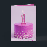 First Birthday Pink Cake and Candle  Card<br><div class="desc">A beautiful birthday greeting card features an pink cake with a number 1 candle and sprinkles on the front and your custom greeting - or use ours - on the inside. You can change the saying,  the fonts,  the colours,  add names and a signature line,  too!</div>