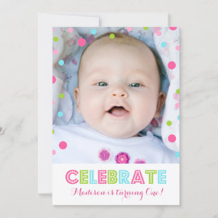 First Birthday Pink Confetti Photo Invitation