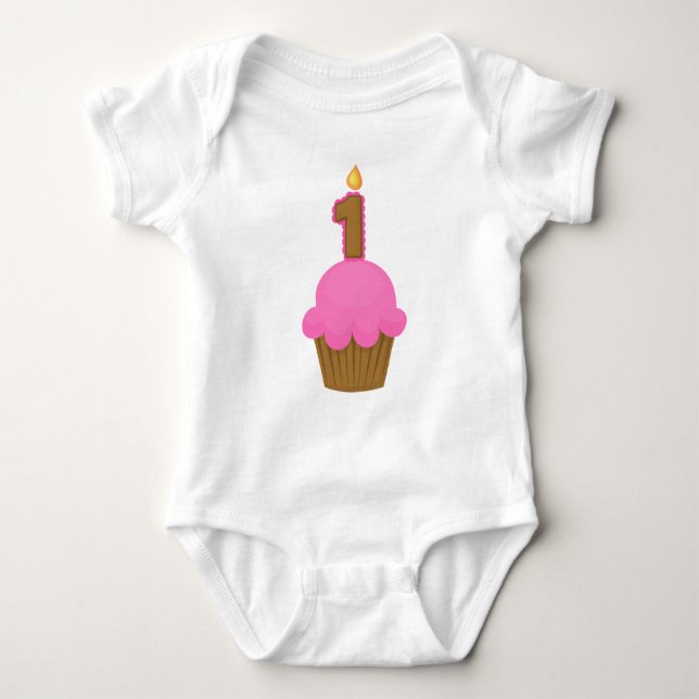 First Birthday Pink Cupcake Baby Bodysuit (Front)