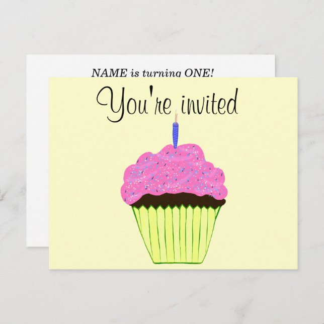 First Birthday Pink Cupcake Invitation Customise (Front/Back)