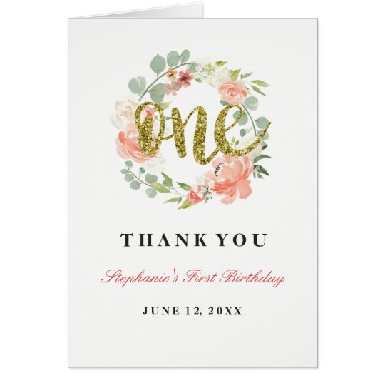 First Birthday Pink Gold Floral Wreath Card