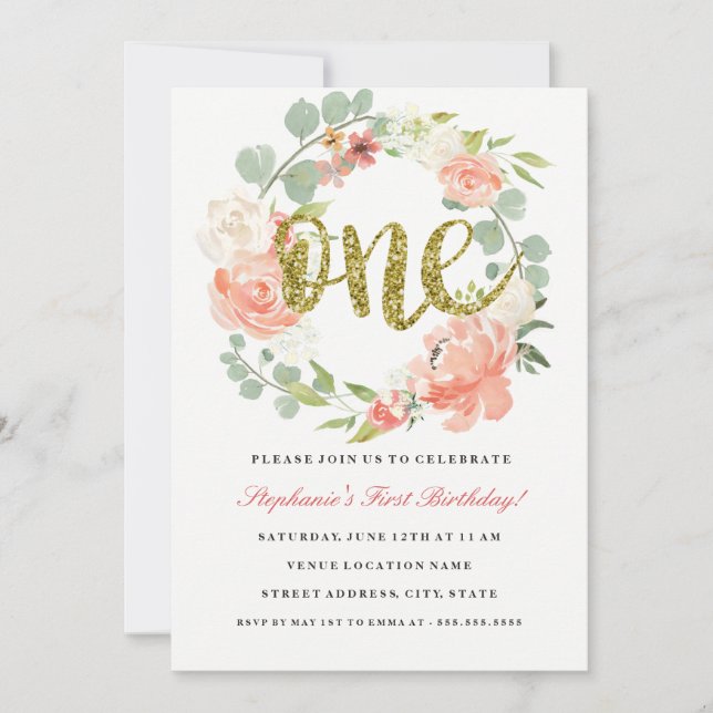 First Birthday Pink Gold Floral Wreath Invitation (Front)