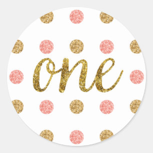 First Birthday Pink & Gold Glitter Script ONE, Classic Round Sticker