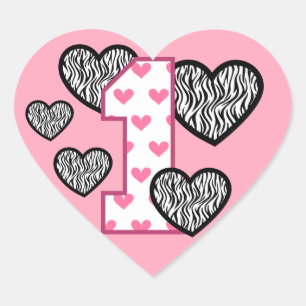 First Birthday PINK HEART NUMBER ZEBRA HEARTS V05F Sticker