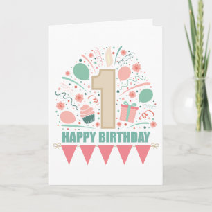 First Birthday Pink & Teal Candle Celebration Card