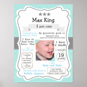 First Birthday poster, blue for a boy Poster