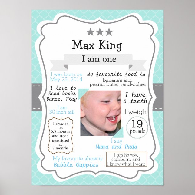 First Birthday poster, blue for a boy Poster (Front)