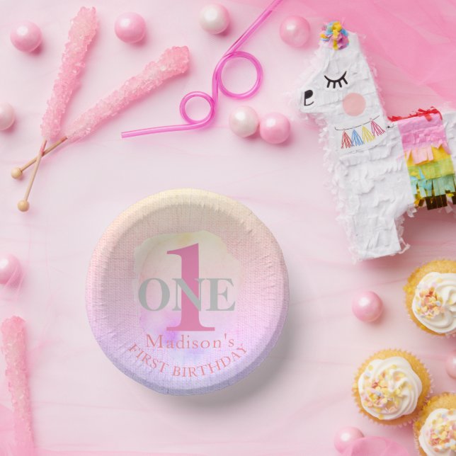 First Birthday Pretty Elegant Pink Custom Name 1st Paper Plate (Party)