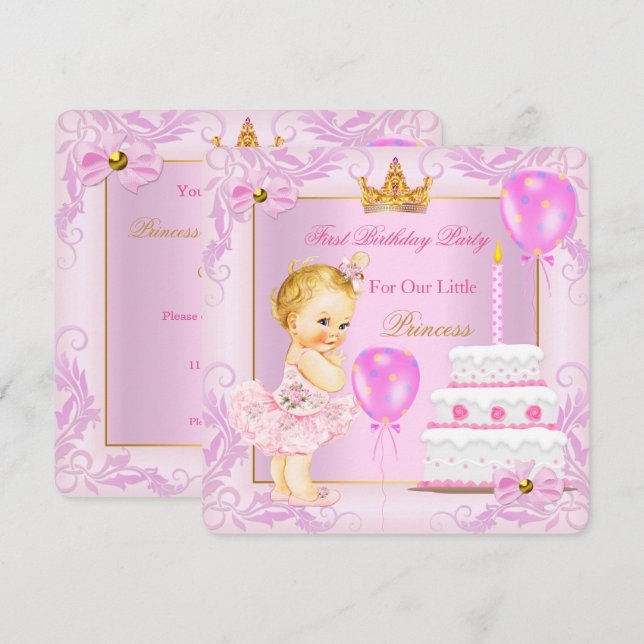 First Birthday Princess Tiara Girl Pink Blonde Invitation (Front/Back)