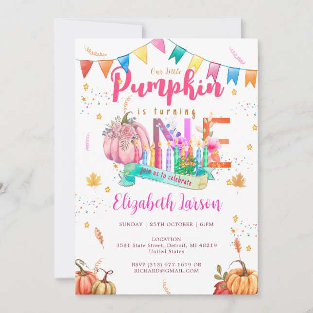 First  Birthday Pumpkin Autumn Fall Watercolor Invitation (Front)