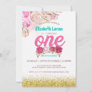 First Birthday Pumpkin Rustic Rose Watercolor Invitation