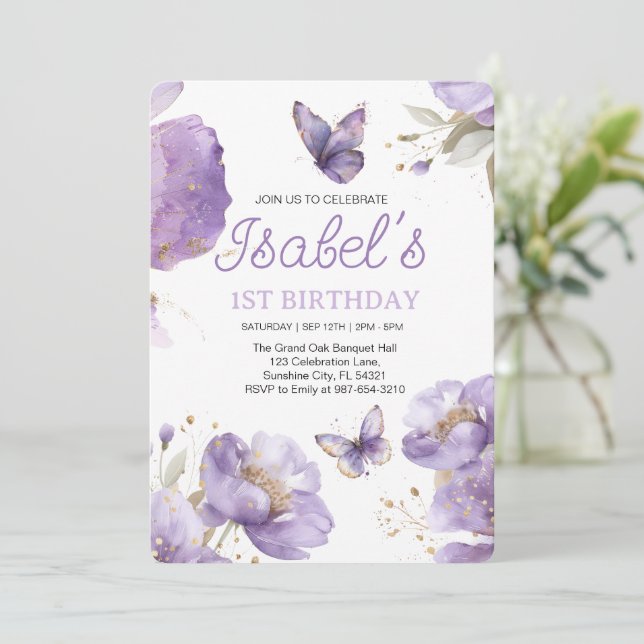  First birthday,Purple and gold flower Butterfly  Invitation (Standing Front)