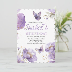 First birthday,Purple and gold flower Butterfly Invitation