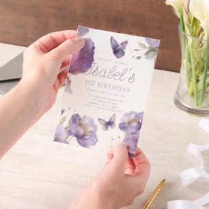 First birthday,Purple and gold flower Butterfly Vellum Invitations