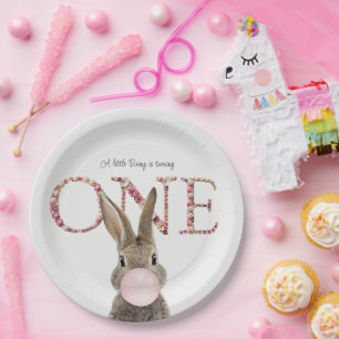 First Birthday Rabbit Blowing Pink Bubble gum   Paper Plate