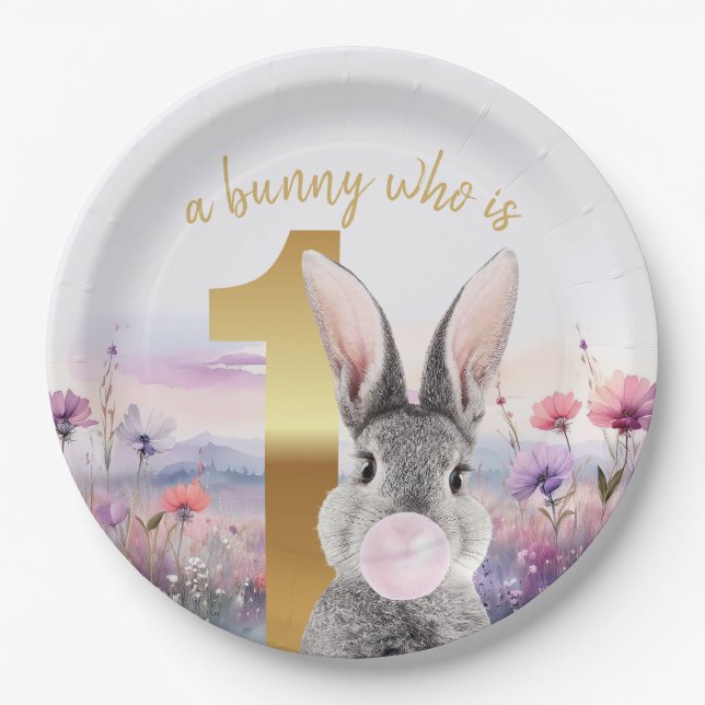 First Birthday Rabbit blowing pink gum Paper Plate (Front)