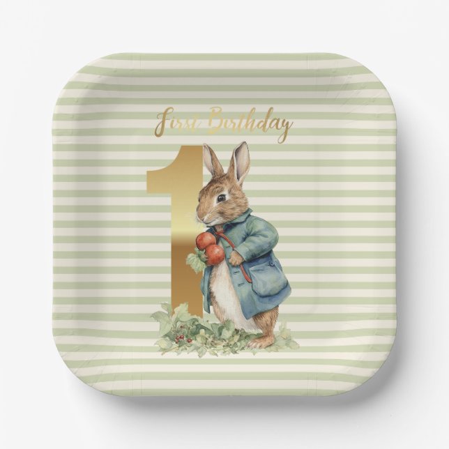 First Birthday Rabbit holding vegetables Paper Plate (Front)