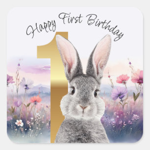 First Birthday Rabbit in a field of wildflowers Square Sticker
