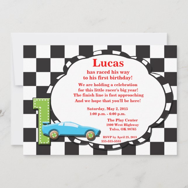 First Birthday Racecar Invitation, chequered Invitation (Front)