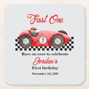 First Birthday Red Race Car Fast One Square Paper Coaster