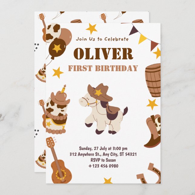 First Birthday Rodeo Kids Boy 1st Invitations Card (Front/Back)