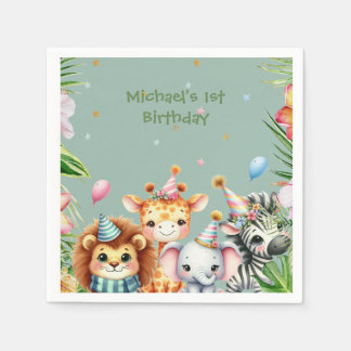 First Birthday Safari Animal Wild One Floral Napkin