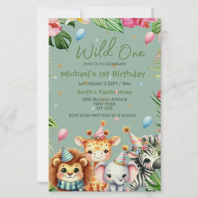 First Birthday Safari Animal Wild One Floral Stationery (Front)