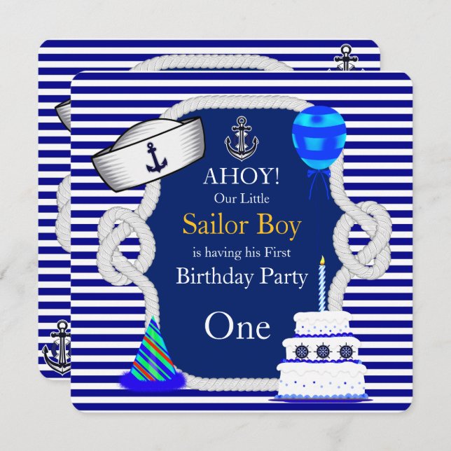 First Birthday Sailor Boy Blue Stripe Invitation (Front/Back)