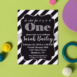 First Birthday Silver Glitter Birthday Invite