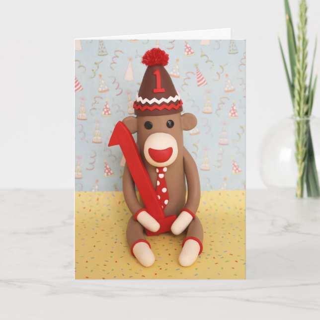 First Birthday Sock Monkey Celebration Card (Front)