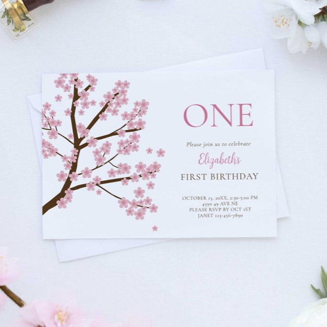 First Birthday Spring Cherry Blossoms Floral Cute Invitation (Creator Uploaded)