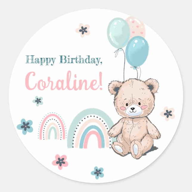 First Birthday Sticker with cute teddy bear. (Front)