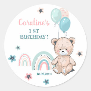 First Birthday Sticker with cute teddy bear.