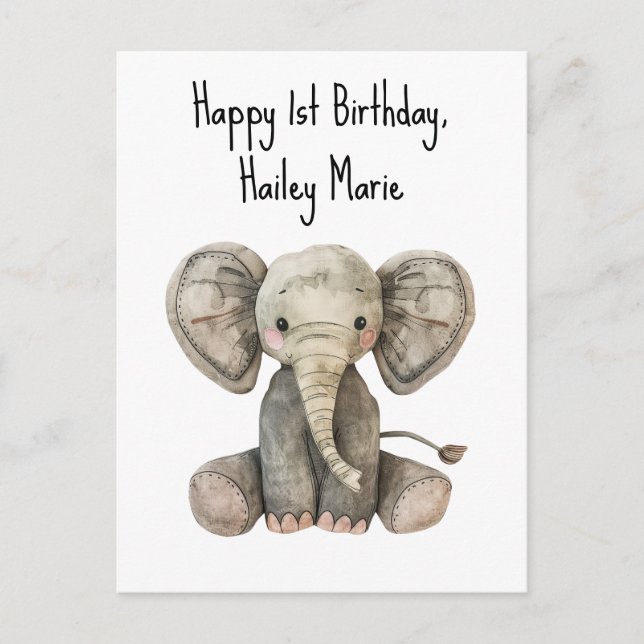 First Birthday Stuffed Elephant Personalised Postcard (Front)