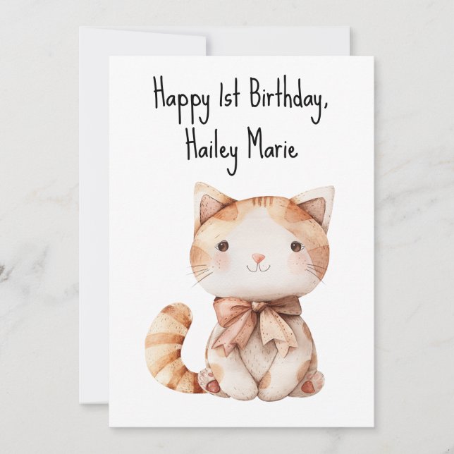 First Birthday Stuffed Toy Cat Personalised Card (Front)