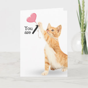 First Birthday Tabby Cat with Heart Balloon Card