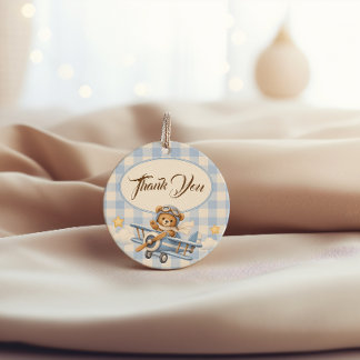 First Birthday Teddy Bear Aeroplane Blue Gingham Favour Tags