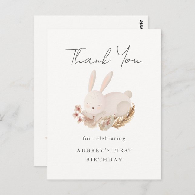 First Birthday Thank You with Cute Sleeping Bunny Postcard (Front/Back)