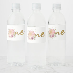 First Birthday Thanksgiving Pumpkin Pink Water Bottle Label