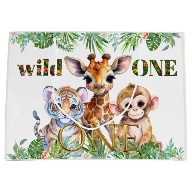 First Birthday Tiger Giraffe Monkey Wild One Large Gift Bag (Front)