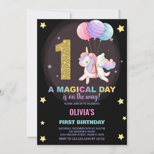 First Birthday Unicorn Birthday Invitations (Front)