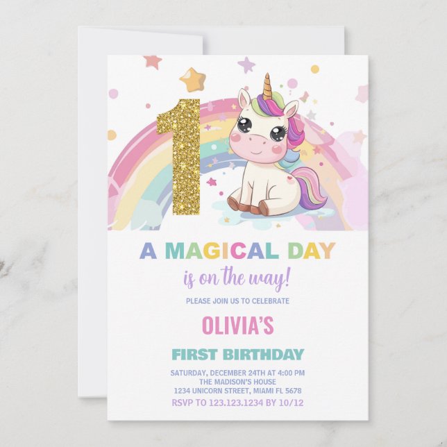 First Birthday Unicorn Birthday Invitations (Front)