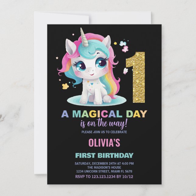 First Birthday Unicorn Birthday Invitations (Front)