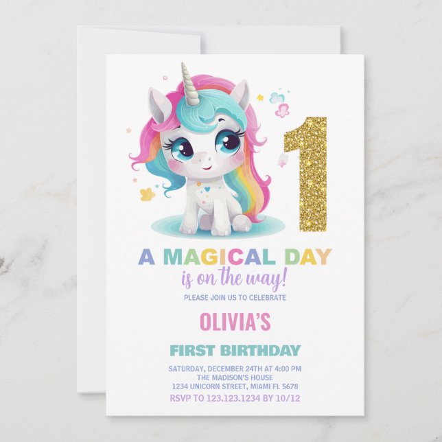 First Birthday Unicorn Birthday Invitations (Front)